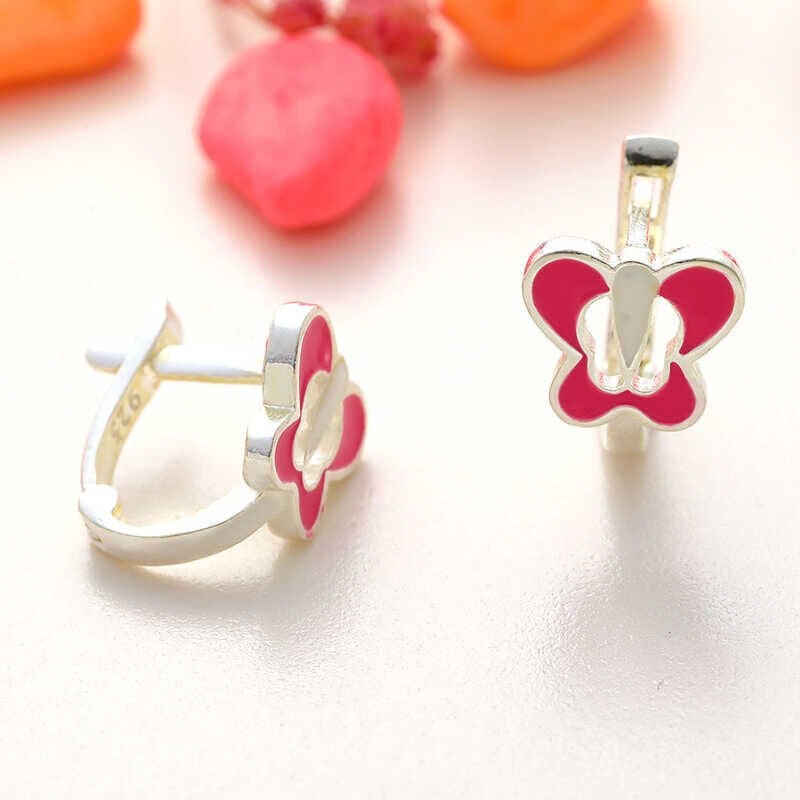 Silver Pink Butterfly Kids Earrings