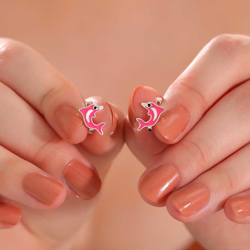 Silver Pink Dolphin Kids Earrings