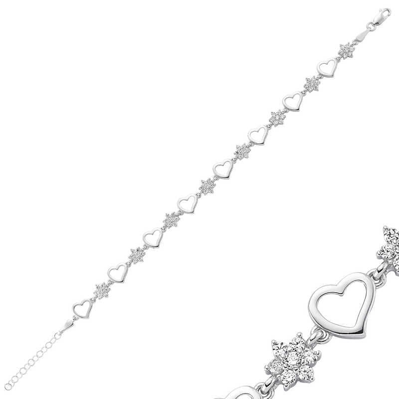 Silver Flower Heart Women's Bracelet