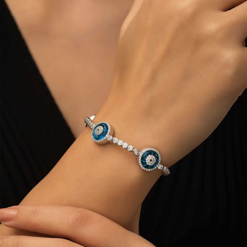 Silver Glass Eye Triple Waterway Evil Eye Bracelet