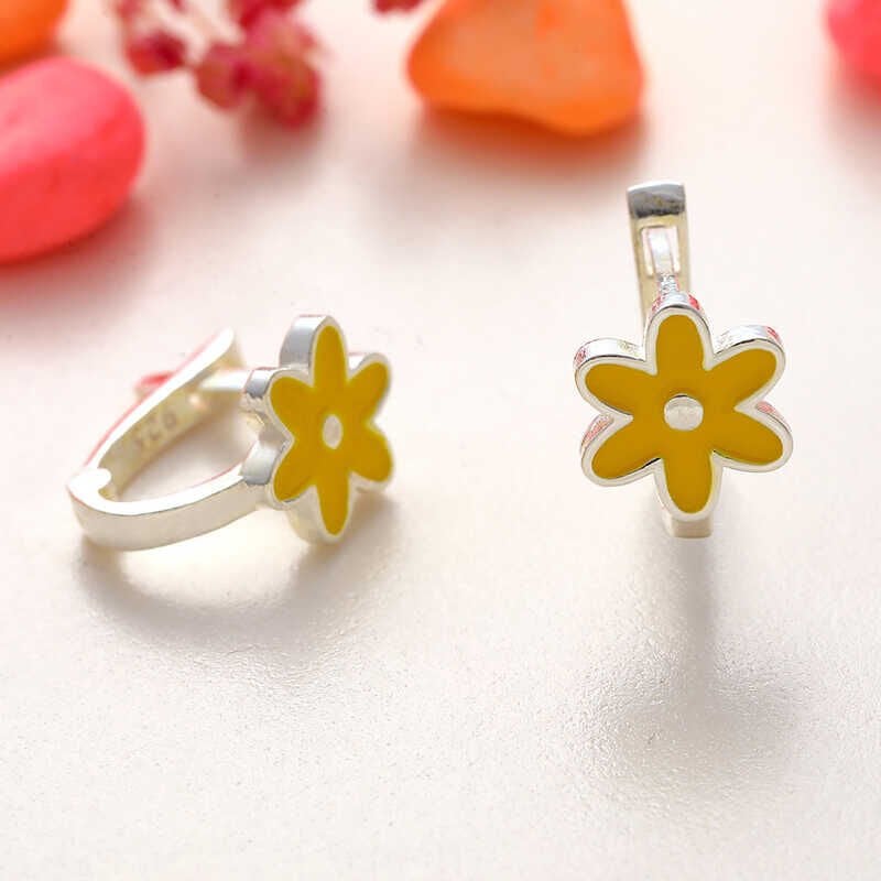 Silver Yellow Flower Kids Earrings
