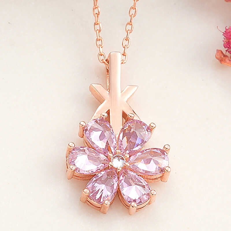 Silver Rose Pink Love Flower Women's Necklace