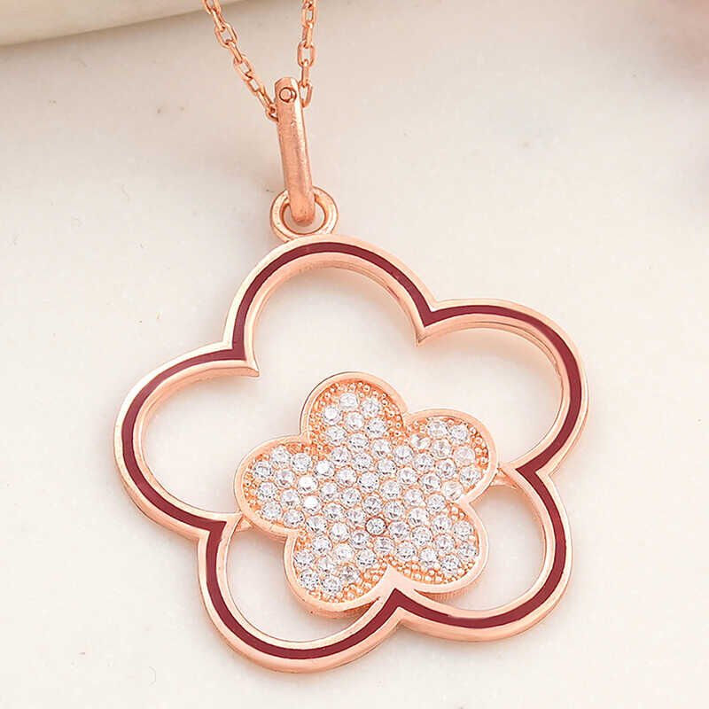 Silver Rose Flower Patterned Women's Necklace