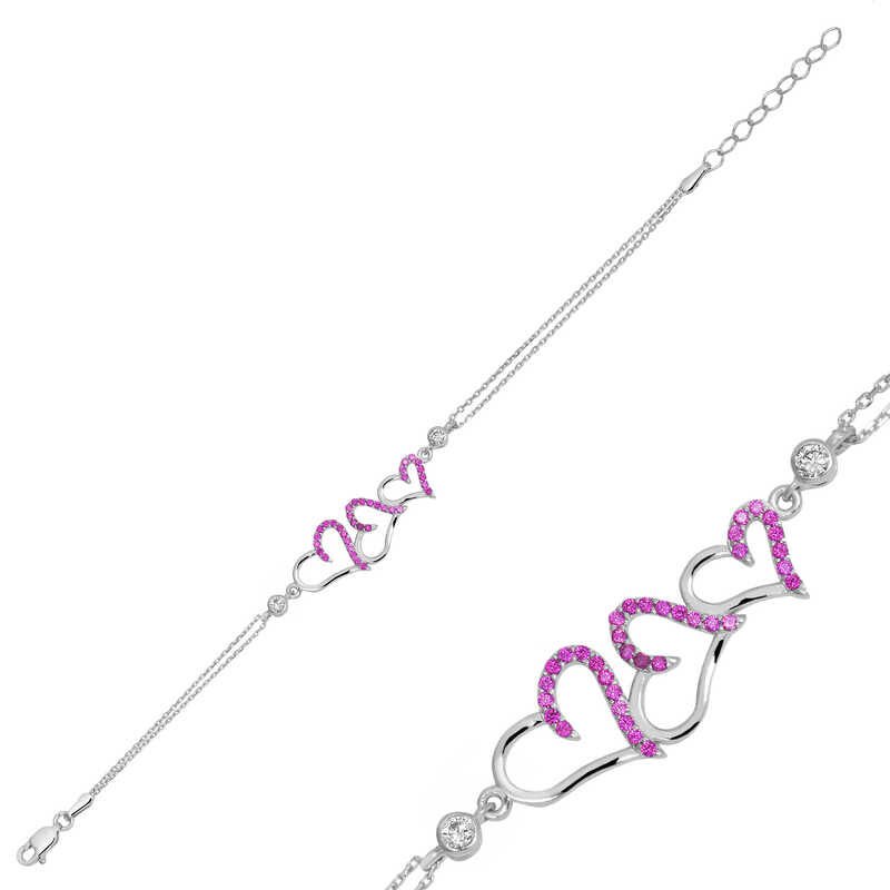 Silver Pink Three Hearts Women's Bracelet