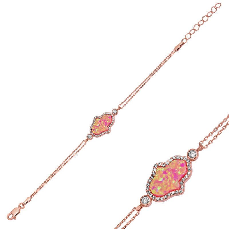 Silver Rose Pink Opal Fatima Mother's Hand Women's Bracelet