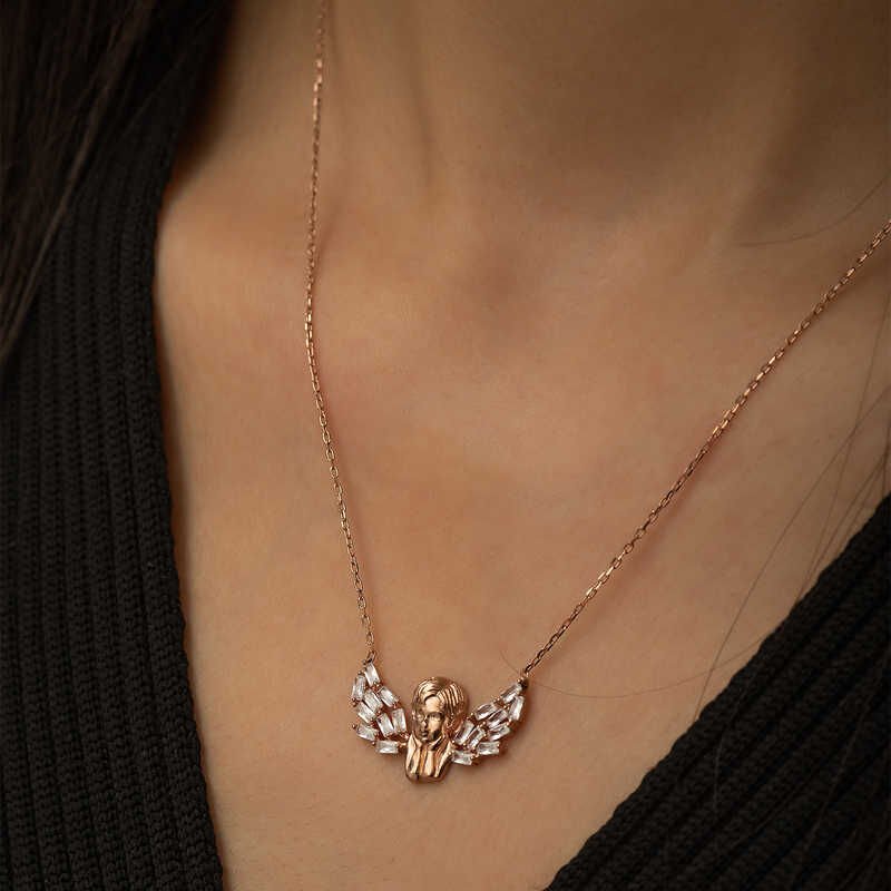 Silver Rose Winged Angel Necklace