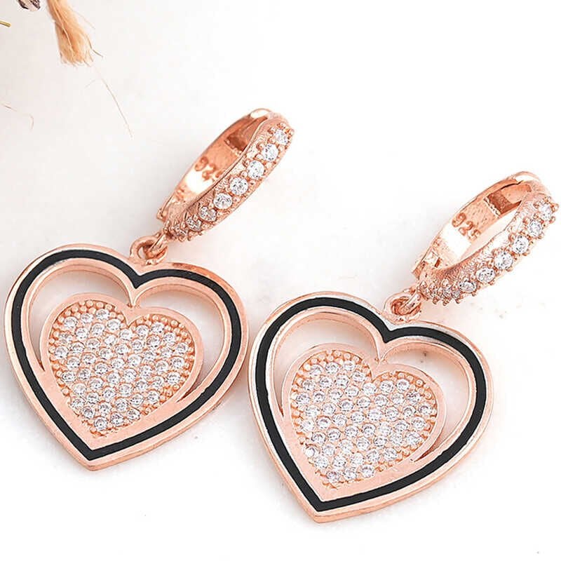 Silver Rose Dangle Heart Women's Earrings