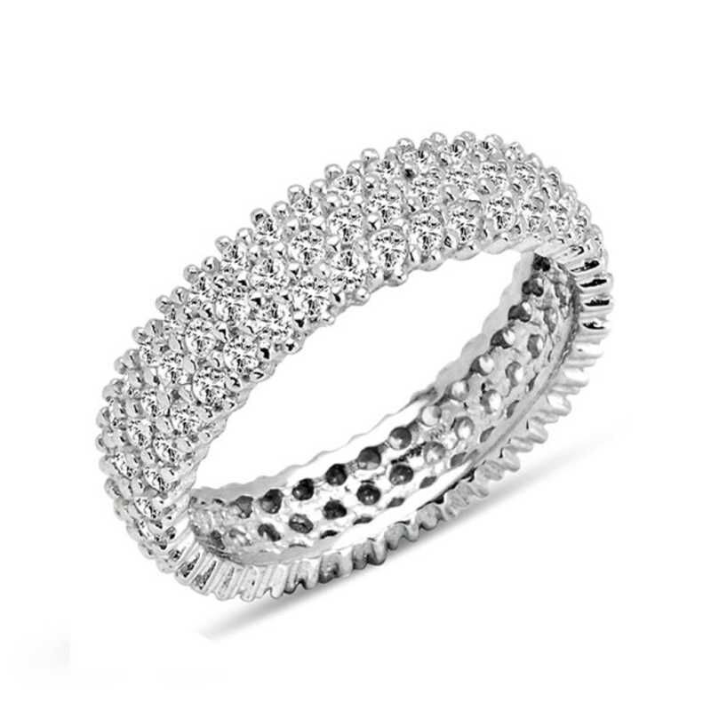 Anillo de bodas de plata de tres filas con círculo completo blanco para mujer