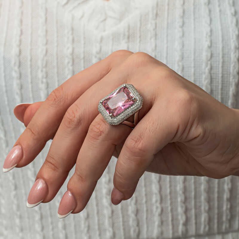 Silver Pink Zircon Stone Women's Ring