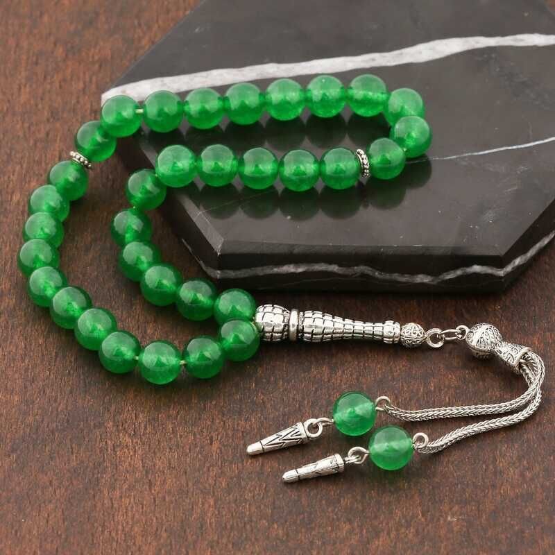 Natural Stone Metal Tassel Green Jade Stone Prayer Beads