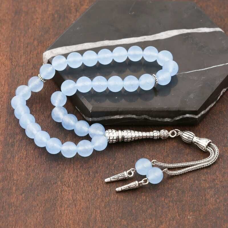 Natural Stone Metal Tassel Blue Jade Stone Prayer Beads