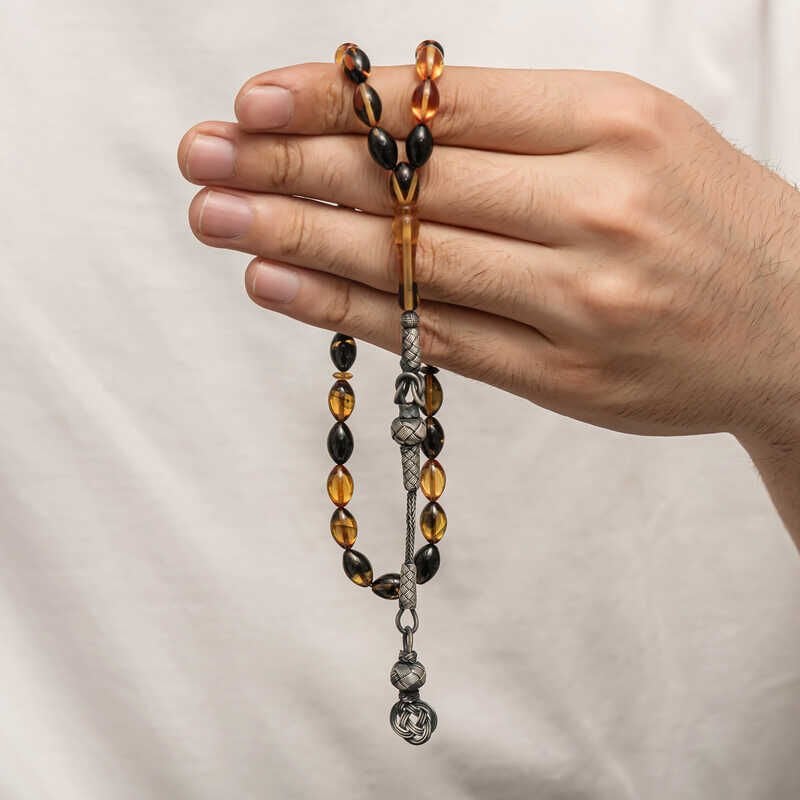 Silver Kazaz Tassel Tightened Amber Prayer Beads