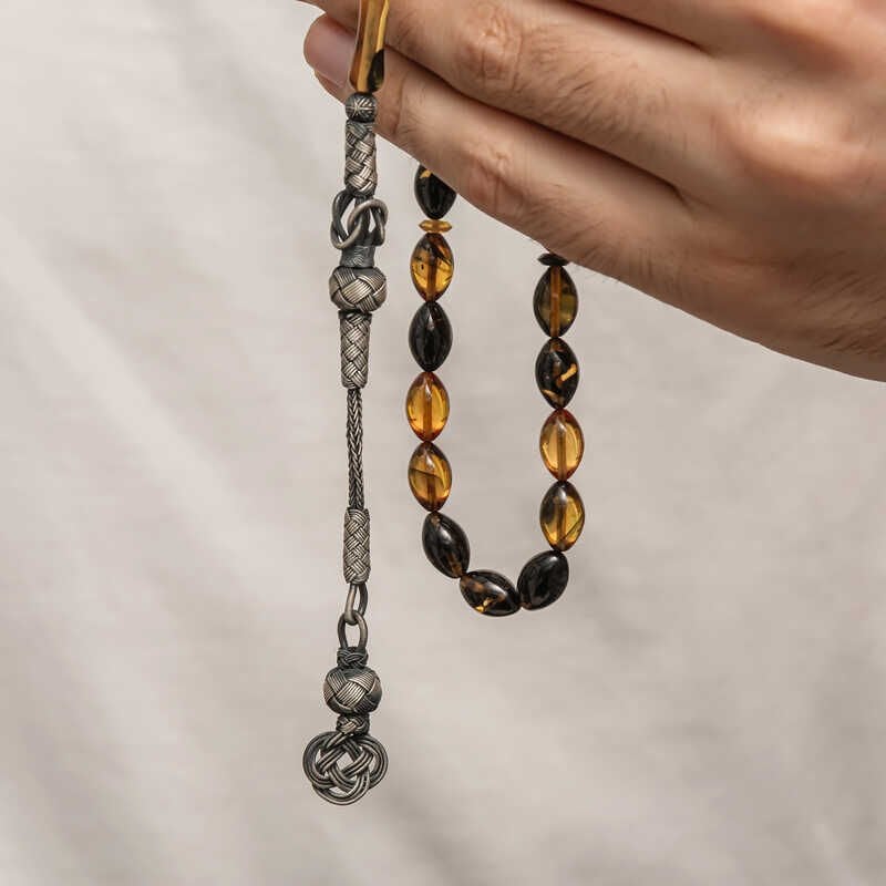 Silver Kazaz Tassel Tightened Amber Prayer Beads