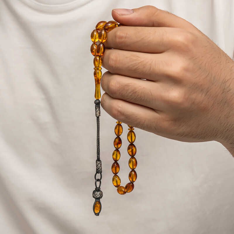 Silver 1000 Carat Kazaz Tassel Tightened Amber Prayer Beads