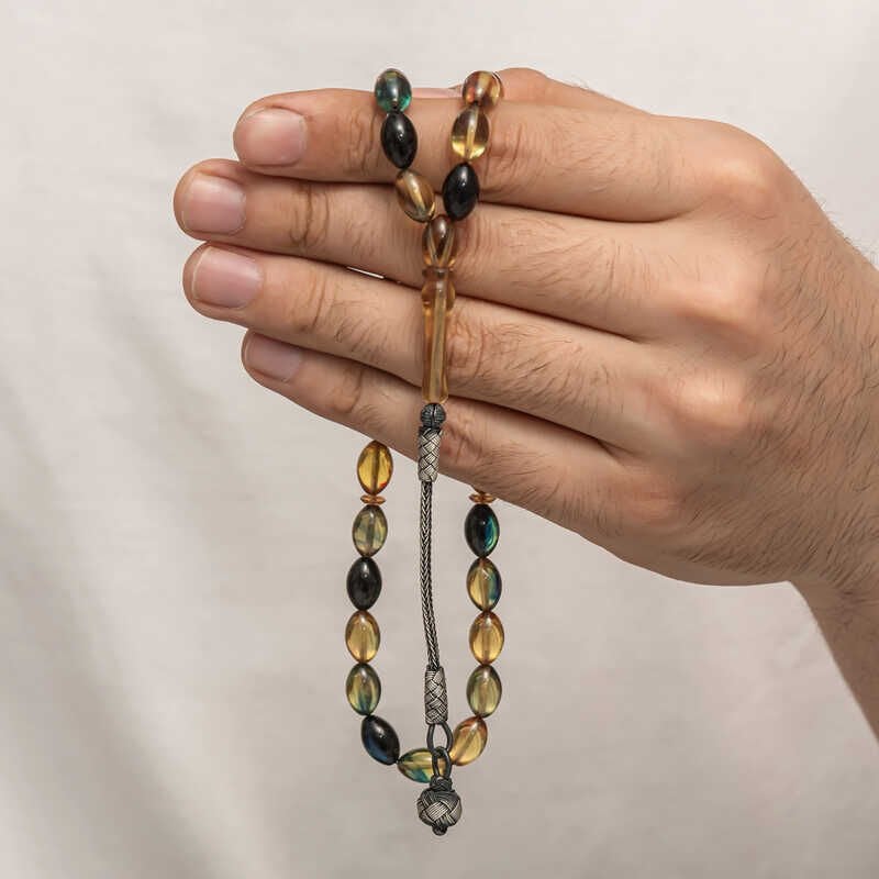 Silver Kazaz Tassel Tightened Amber Prayer Beads