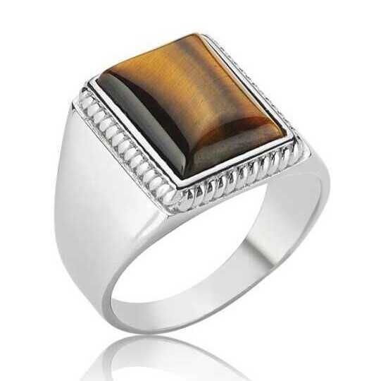 Silver Tiger Eye Stone Men's Ring
