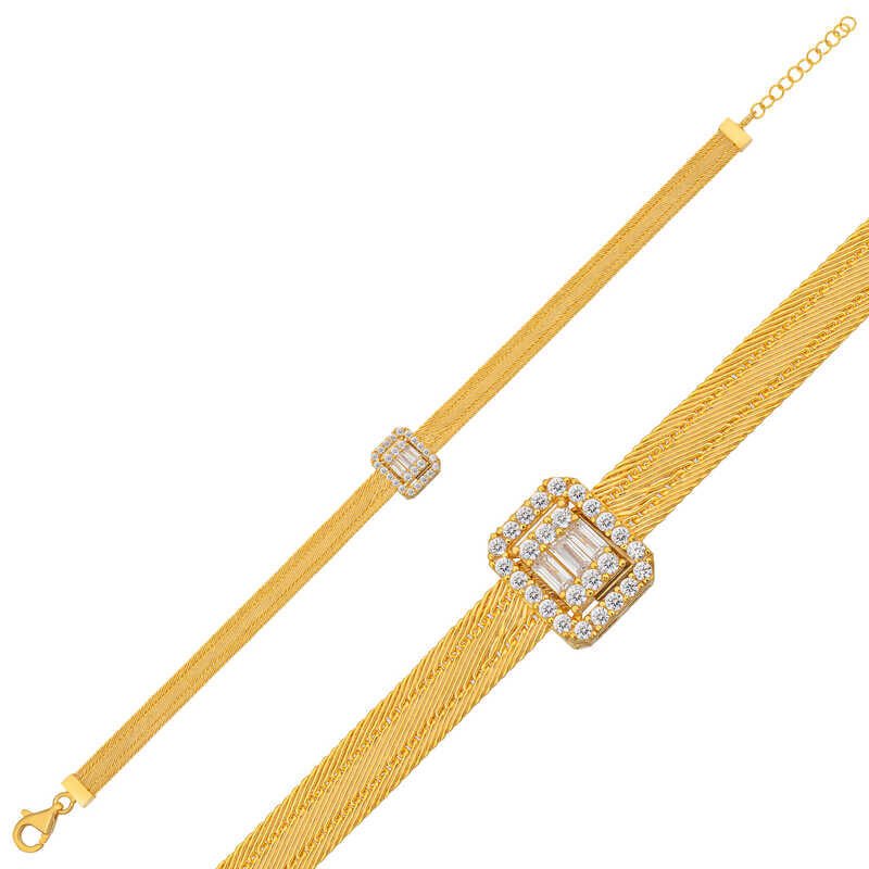 Silver Gold Baguette Stone Trabzon Wicker Women's Bracelet