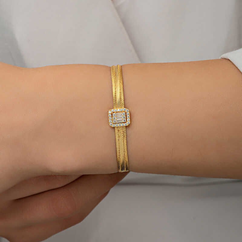 Silver Gold Baguette Stone Trabzon Wicker Women's Bracelet