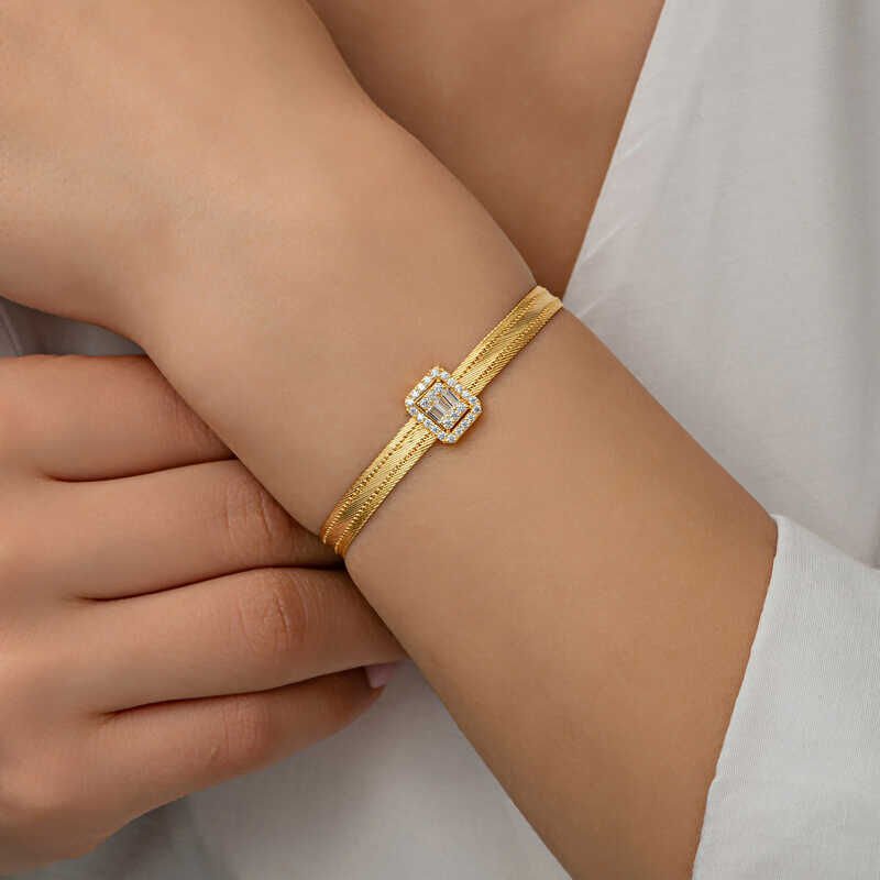 Silver Gold Baguette Stone Trabzon Wicker Women's Bracelet