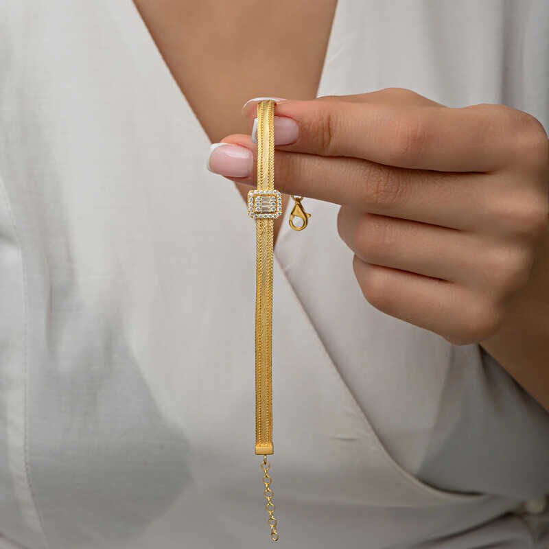 Silver Gold Baguette Stone Trabzon Wicker Women's Bracelet