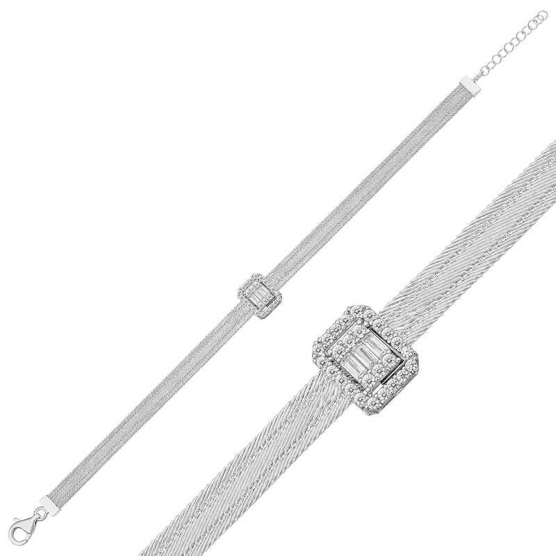 Silver Baguette Stone Trabzon Wicker Women's Bracelet
