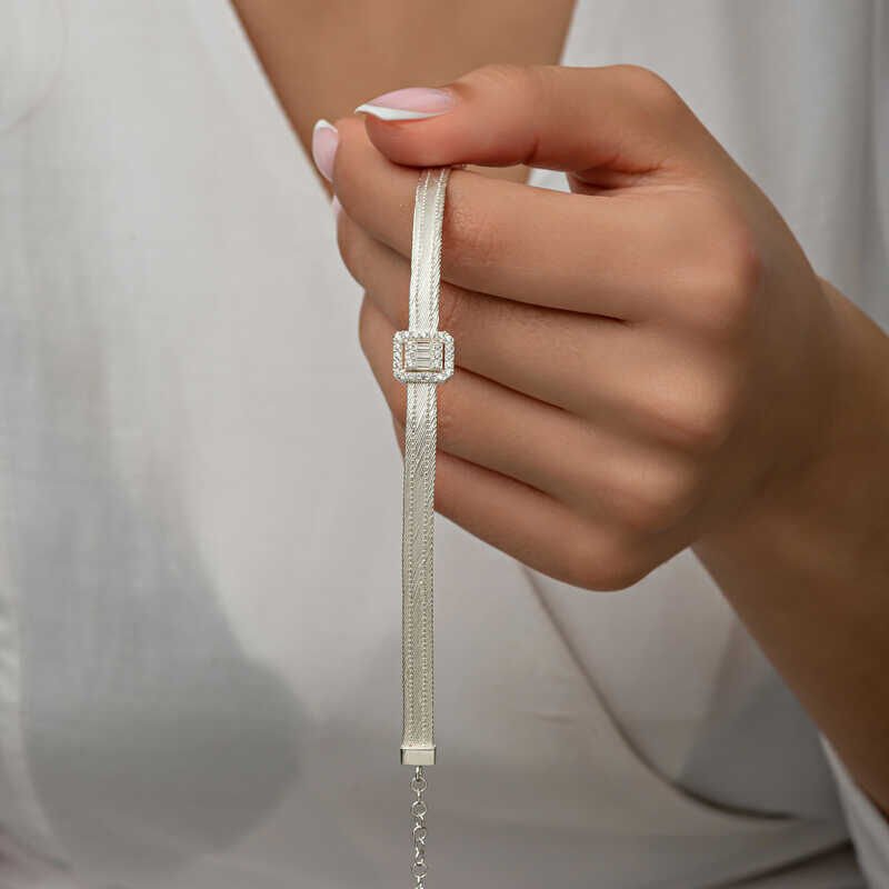 Silver Baguette Stone Trabzon Wicker Women's Bracelet