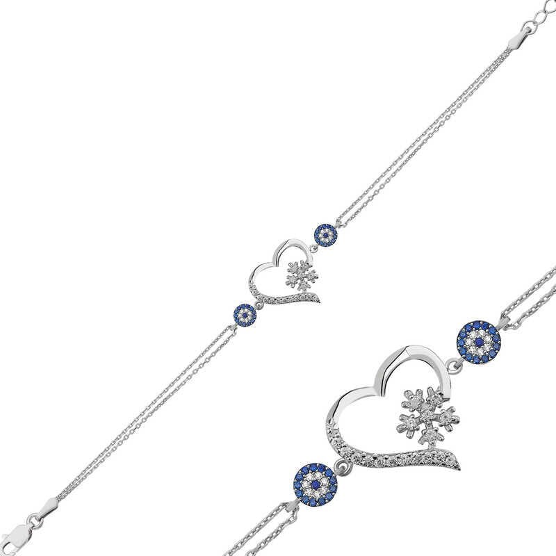 Gümüş Kalp Kar Tanesi Kadın Bileklik