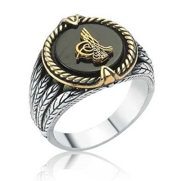 Anillo de plata con tugra y piedra negra para hombre