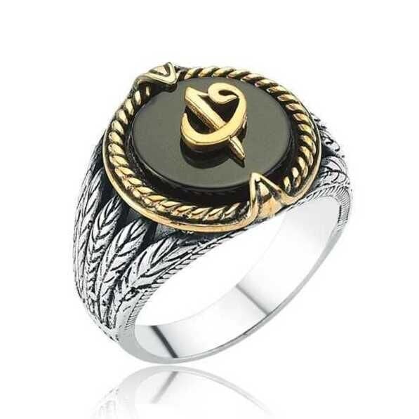 Silver Black Stone Elif Vav Men's Ring
