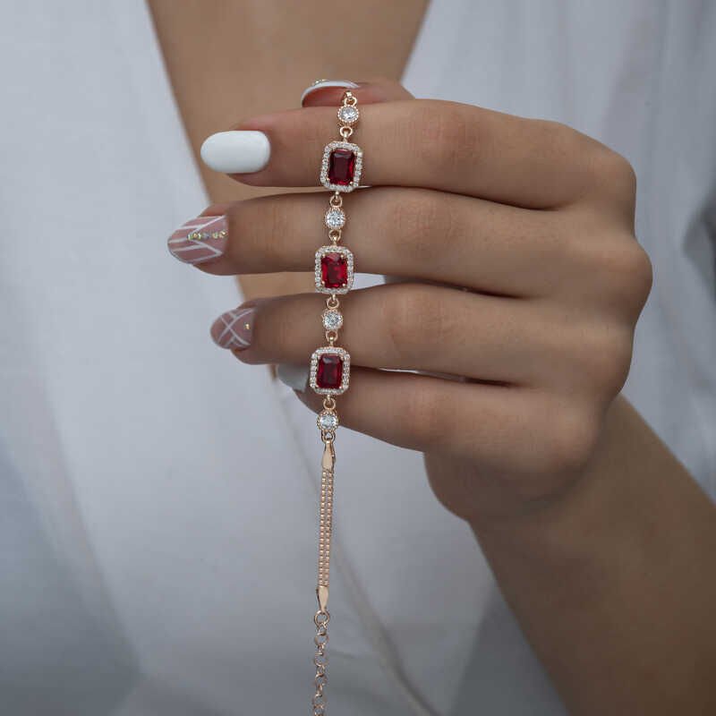 Silver Rose Baguette Red Stone Women's Bracelet