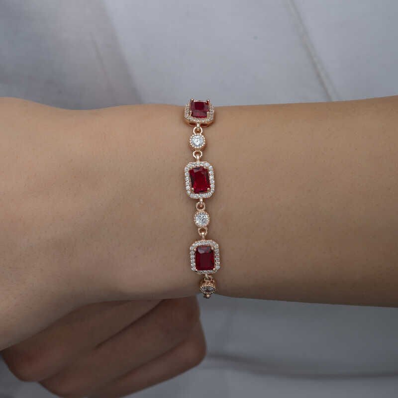 Silver Rose Baguette Red Stone Women's Bracelet