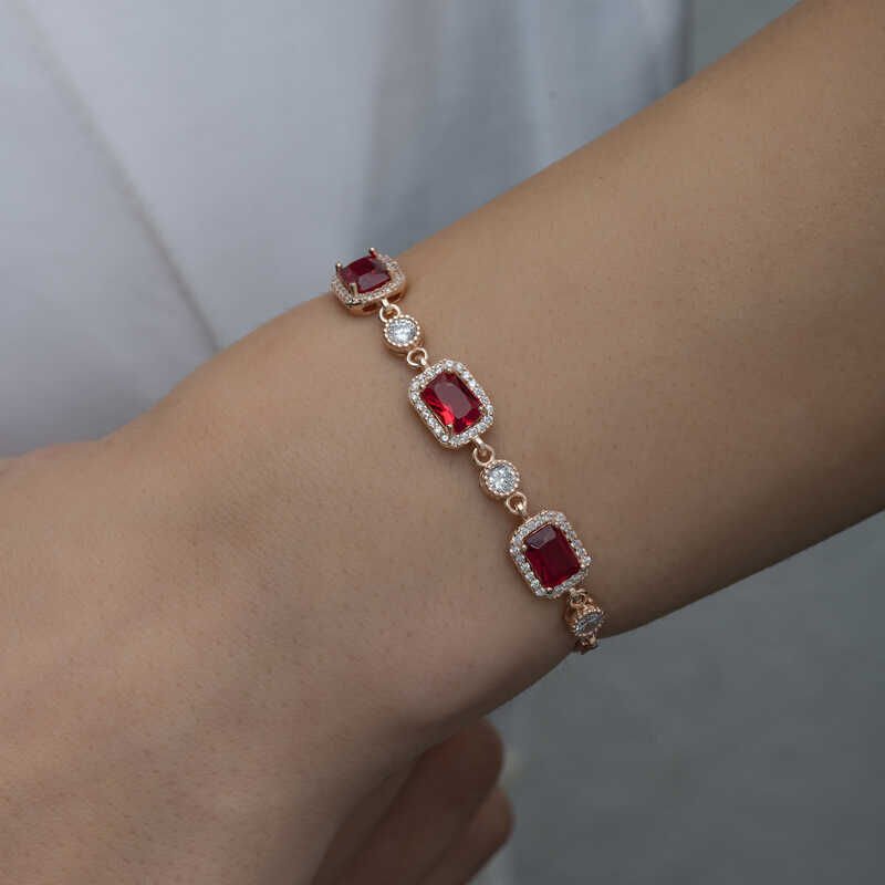Silver Rose Baguette Red Stone Women's Bracelet