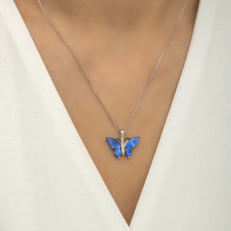 Silver Blue Tiger's Eye Stone Butterfly Necklace