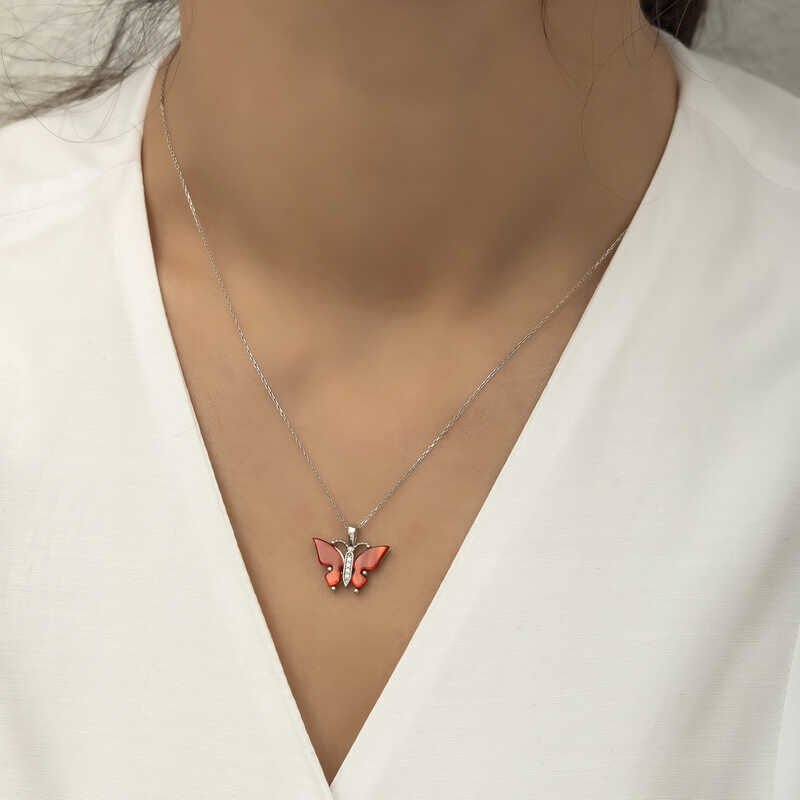 Silver Red Tiger's Eye Stone Butterfly Necklace
