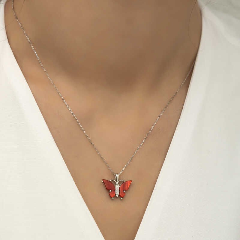 Silver Red Tiger's Eye Stone Butterfly Necklace