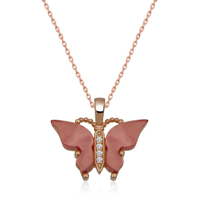Silver Rose Pink Tiger's Eye Stone Butterfly Necklace