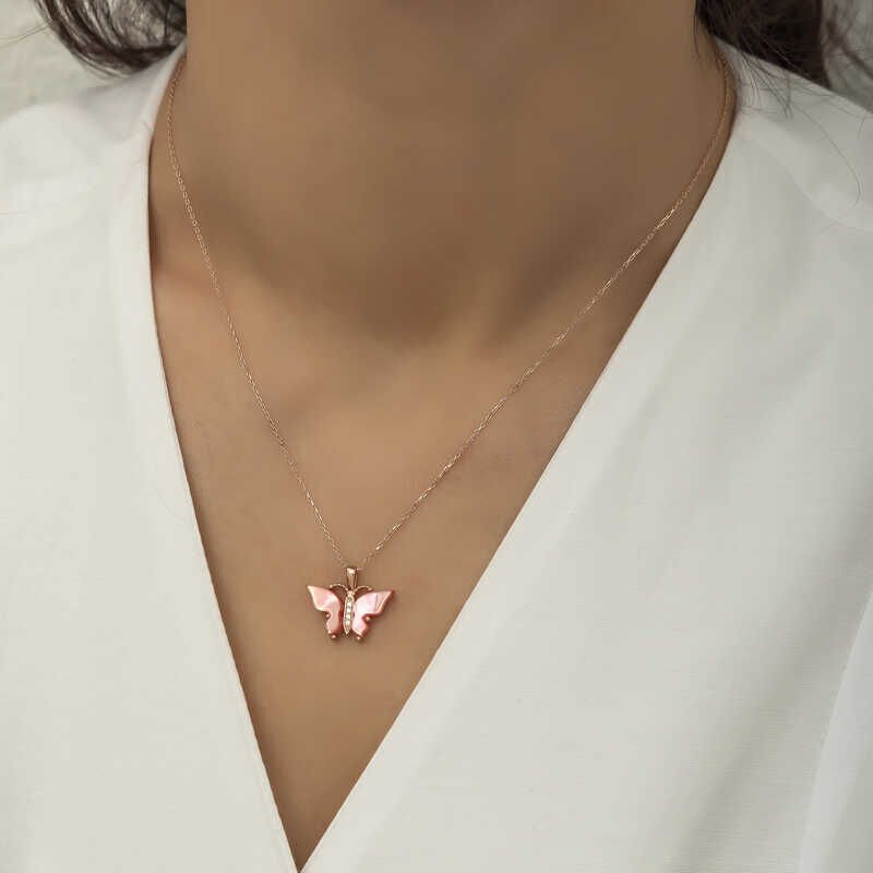 Silver Rose Pink Tiger's Eye Stone Butterfly Necklace