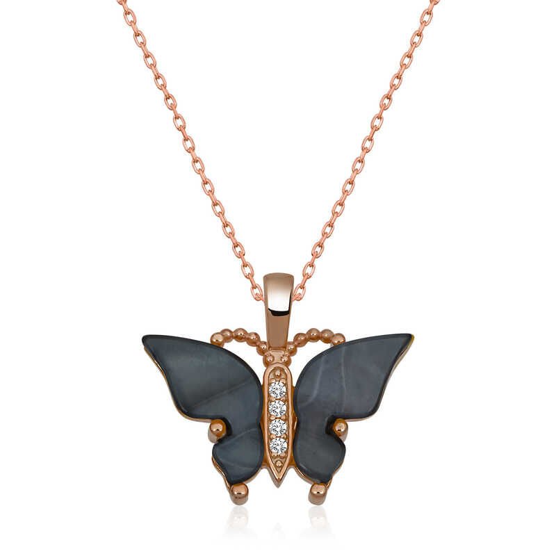 Silver Rose Anthracite Tiger's Eye Stone Butterfly Necklace