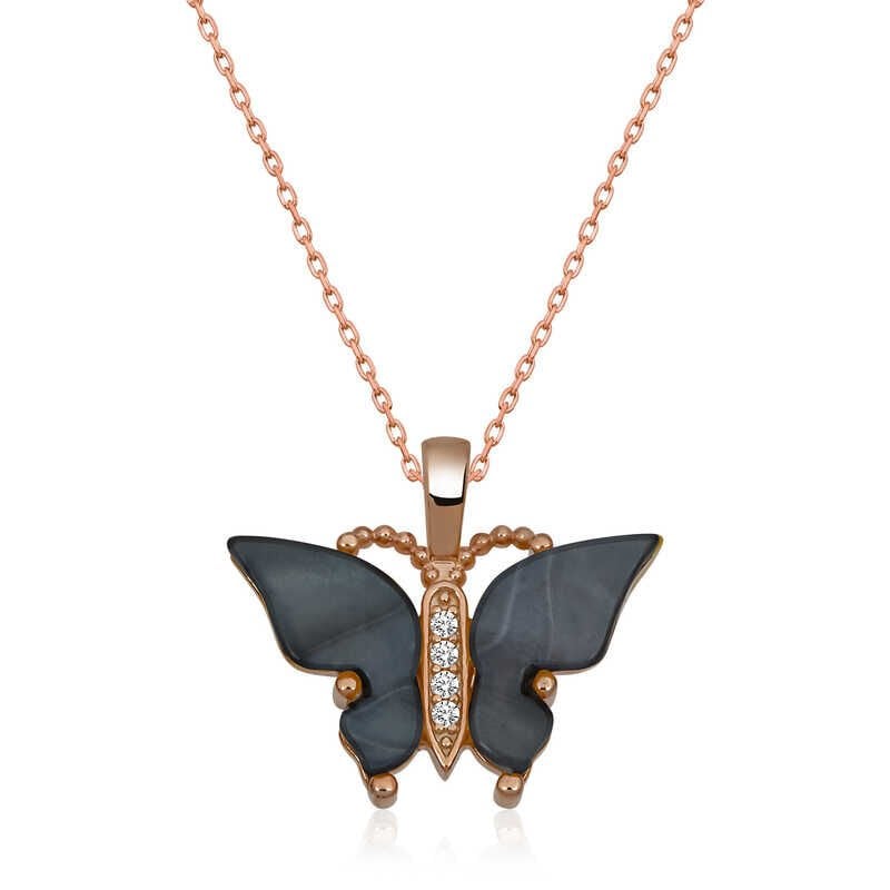 Silver Rose Anthracite Tiger's Eye Stone Butterfly Necklace