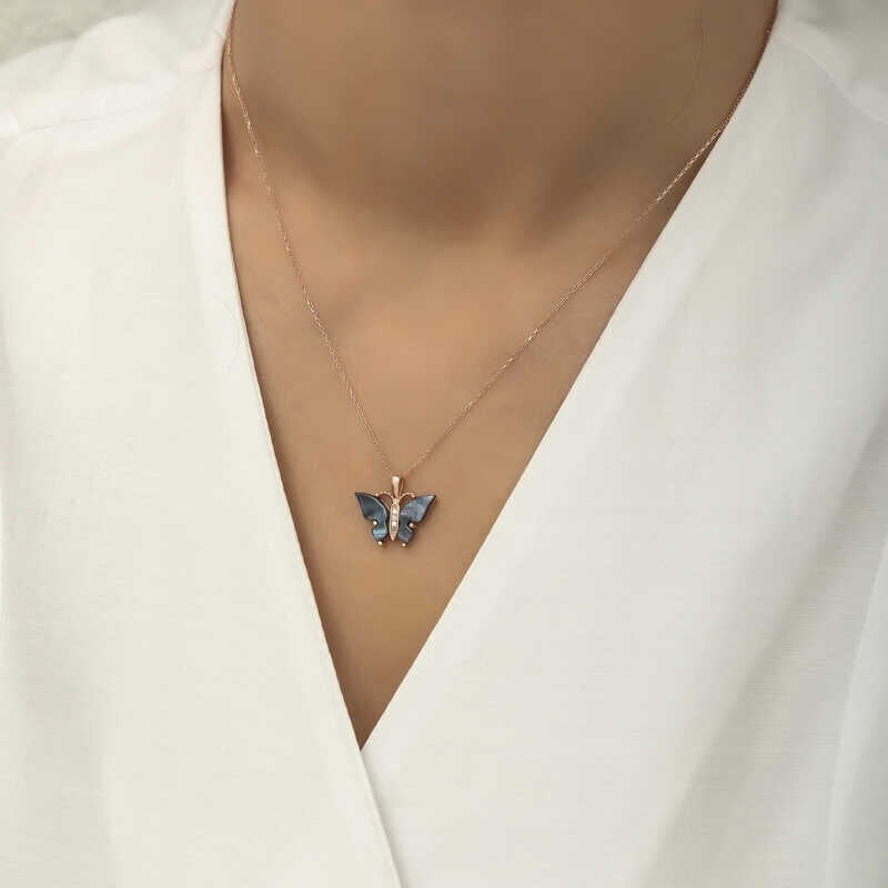 Silver Rose Anthracite Tiger's Eye Stone Butterfly Necklace
