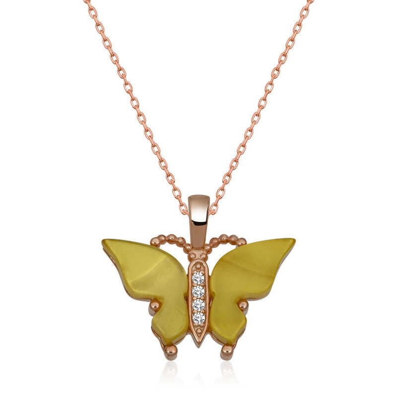Collar de mariposa con piedra de ojo de tigre amarillo y rosa de plata