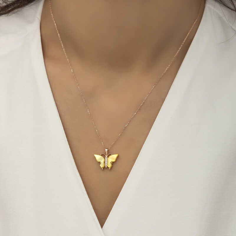 Collar de mariposa con piedra de ojo de tigre amarillo y rosa de plata