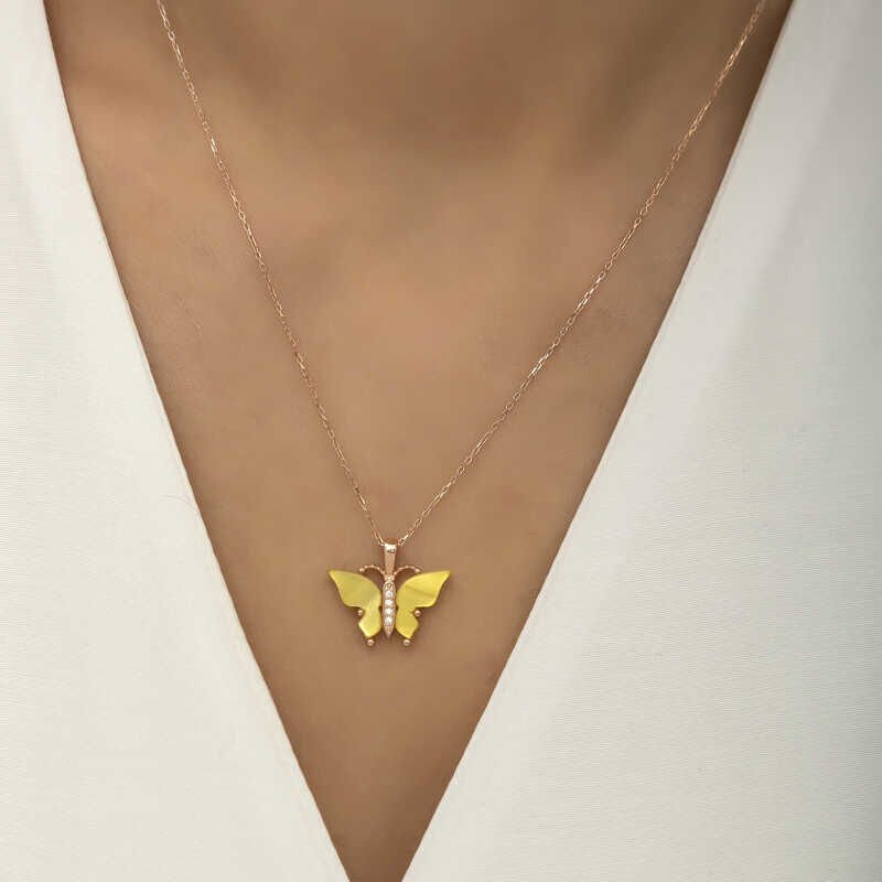 Collar de mariposa con piedra de ojo de tigre amarillo y rosa de plata