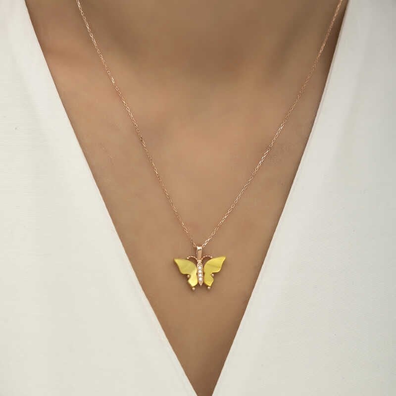 Collar de mariposa con piedra de ojo de tigre amarillo y rosa de plata