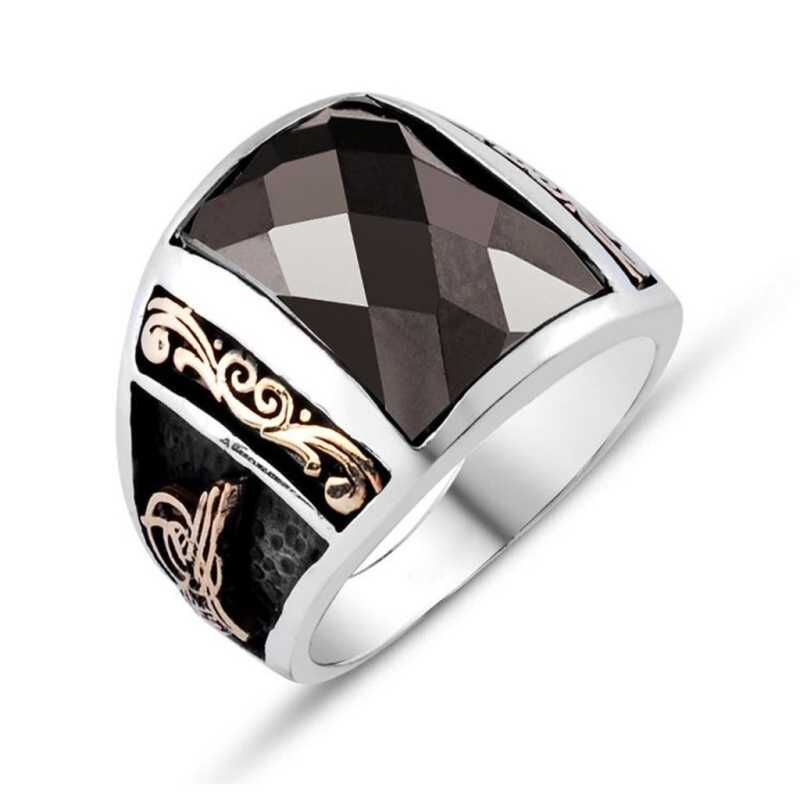 Silver Black Stone Tughra Men's Ring