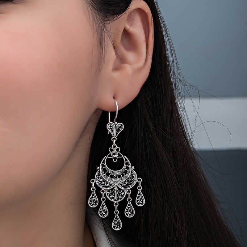 Silver Crescent Star Filigree Dangling Women's Earrings