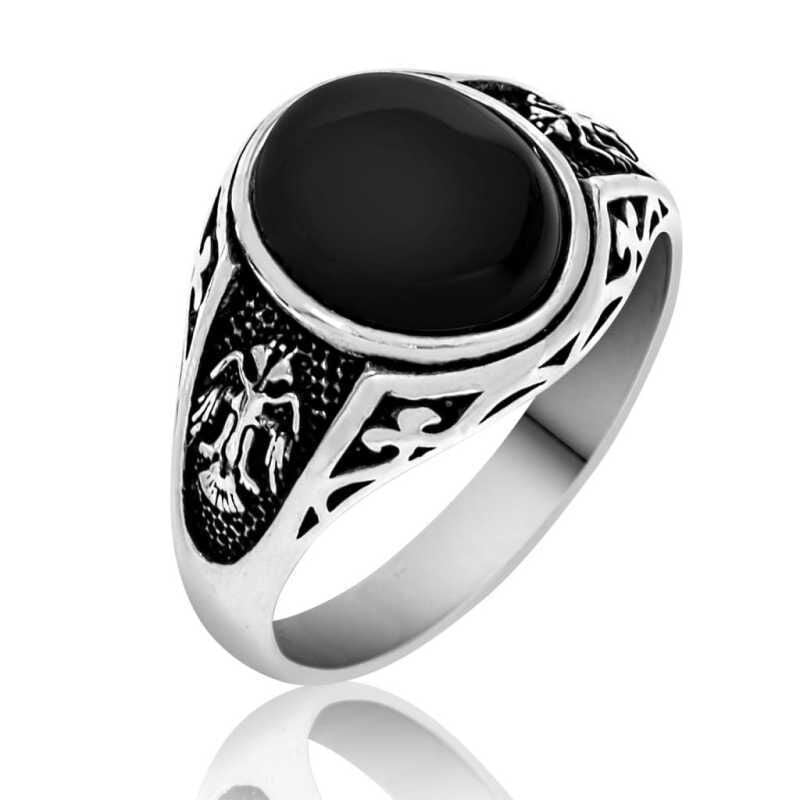 Silver Black Double Headed Eagle Men's Ring