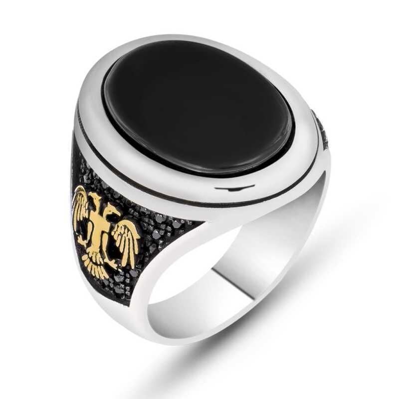Silver Black Stone Double Headed Eagle Men's Ring