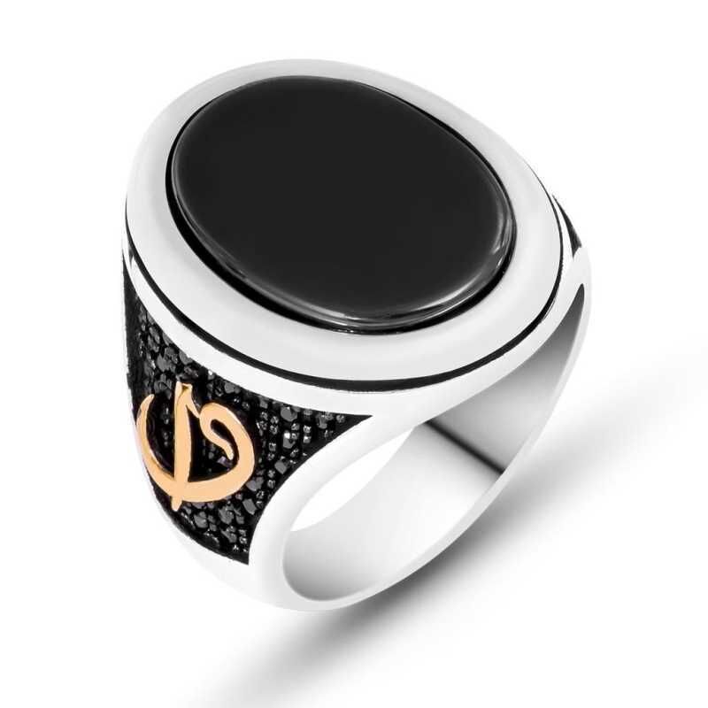 Silver Black Stone Elif Vav Men's Ring