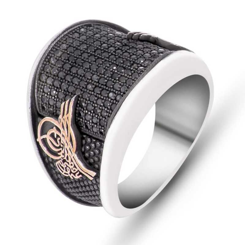 Silver Black Stone Tughra Men's Ring